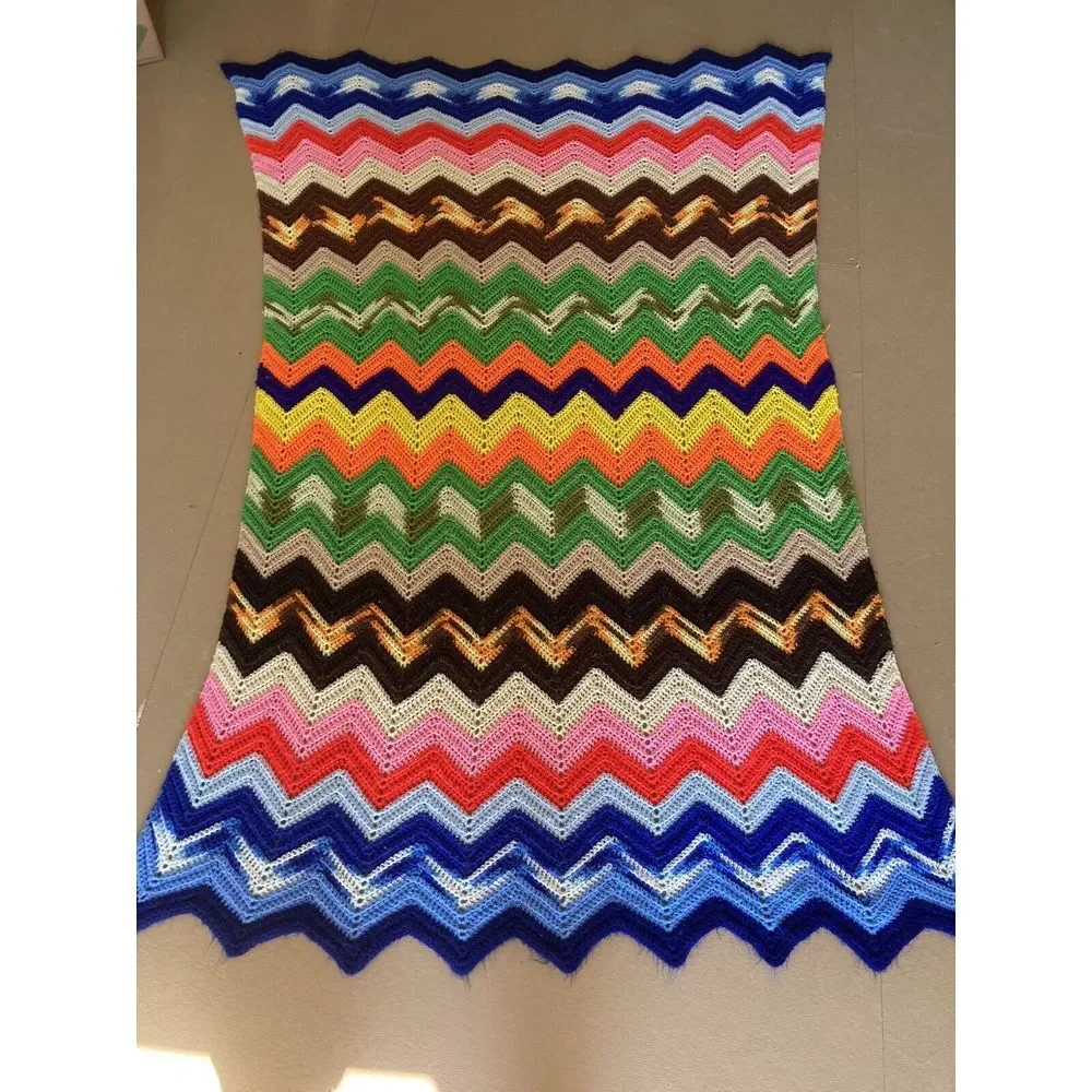 Handmade Knit Crochet Throw Blanket 80X45 Afghan Zig Zag Multicolor Preowned